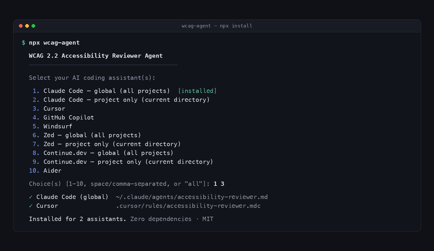 Captura de wcag-agent — Agente de accesibilidad para asistentes de IA
